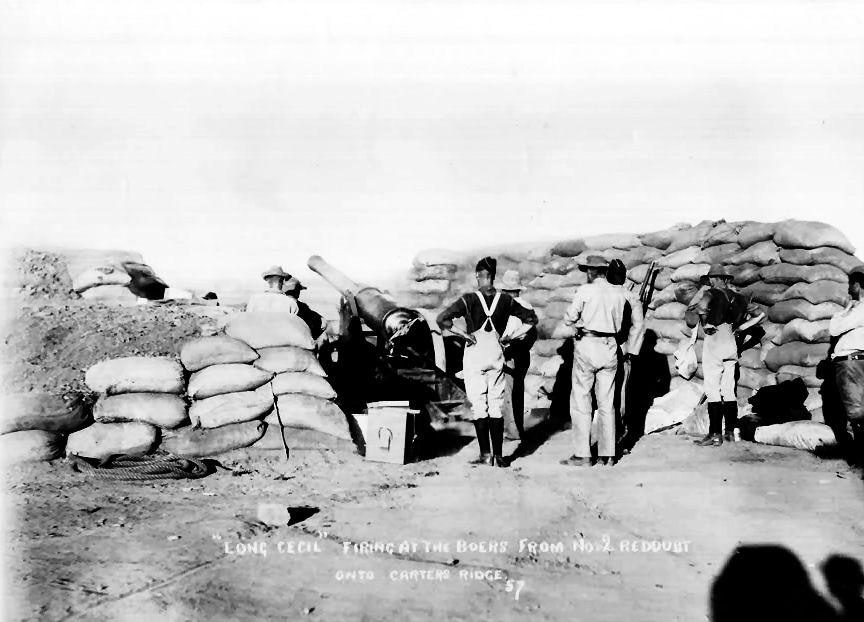 "Long Cecil" firing at the Boers on Carter's Ridge from No. 2 Redoubt.